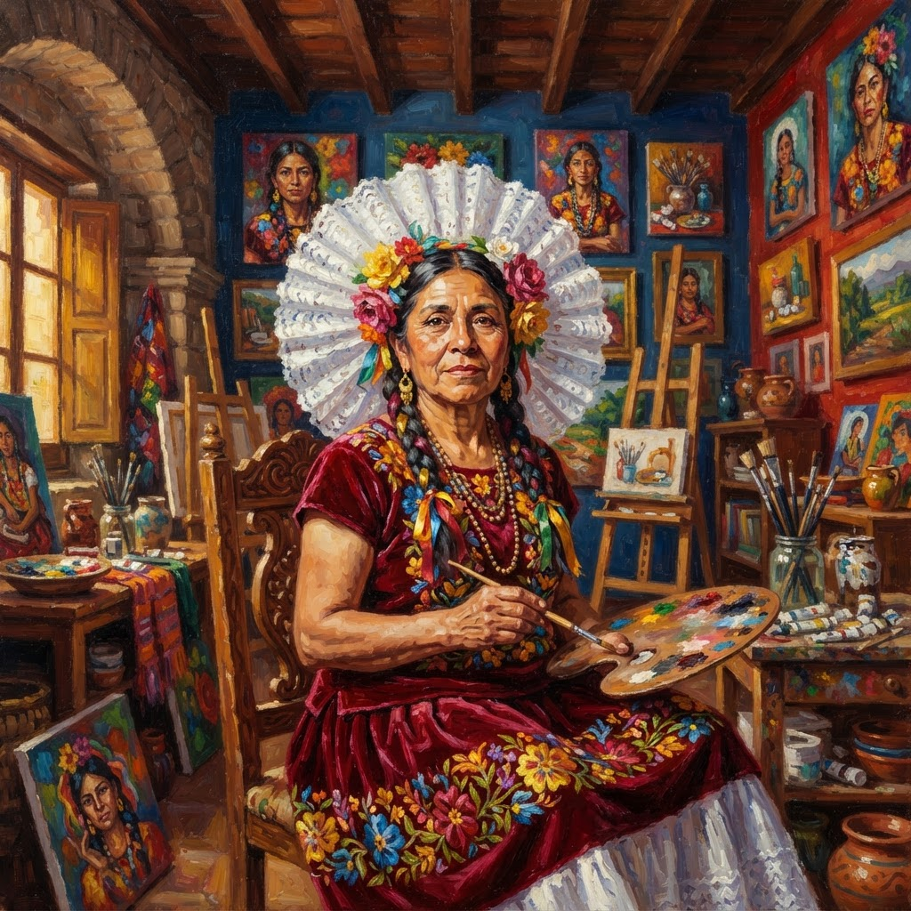 Artistic portrait of a Mexican woman artist in a colorful studio