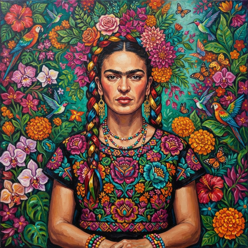Colorful folk art portrait of a woman with flowers woven into her hair