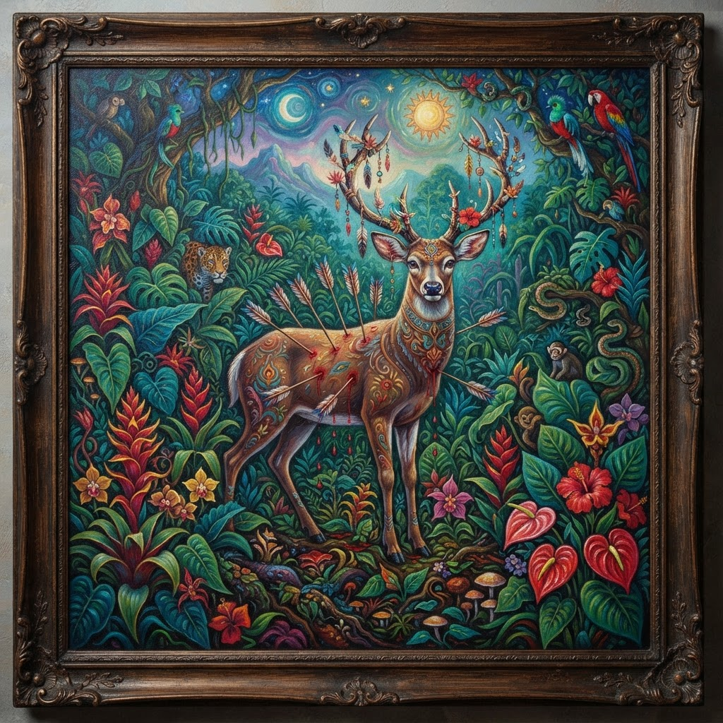 Surrealist painting of a deer in a jungle forest