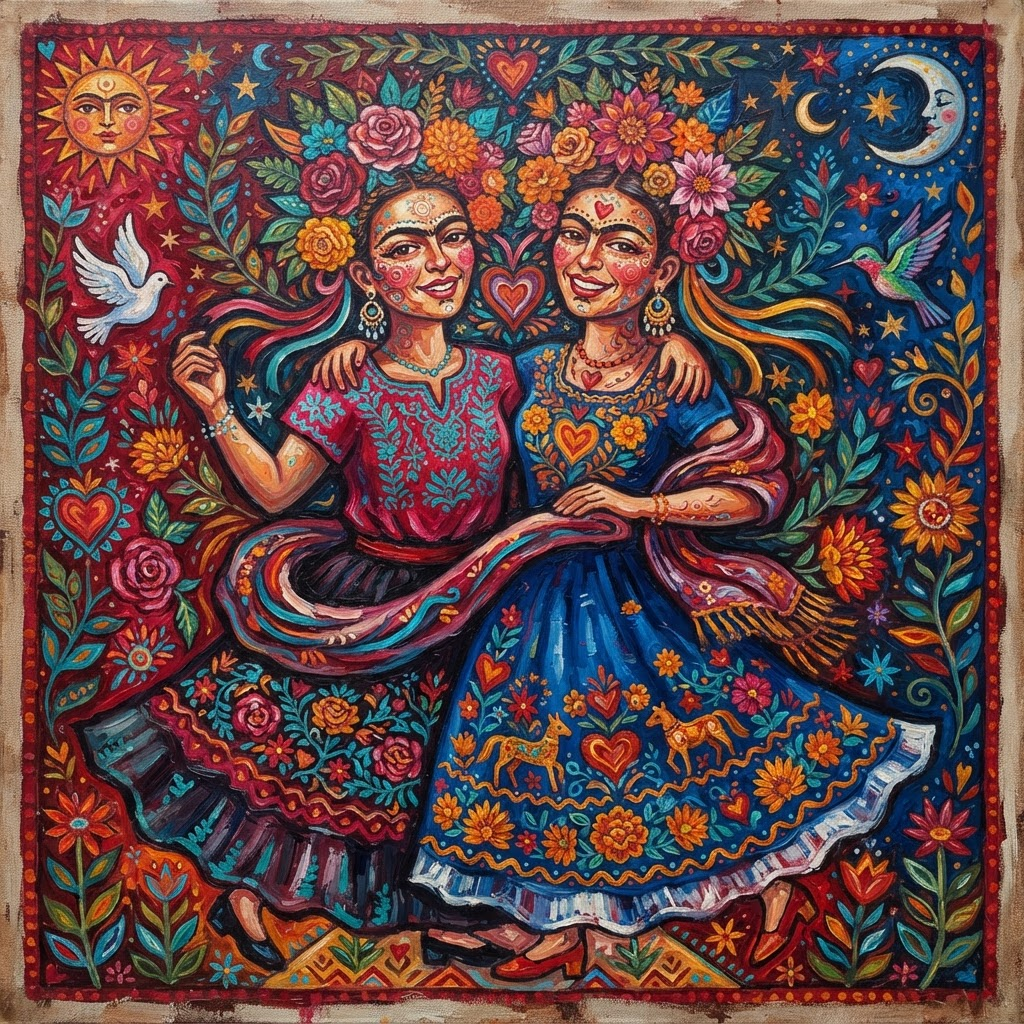 Two intertwined feminine figures representing duality