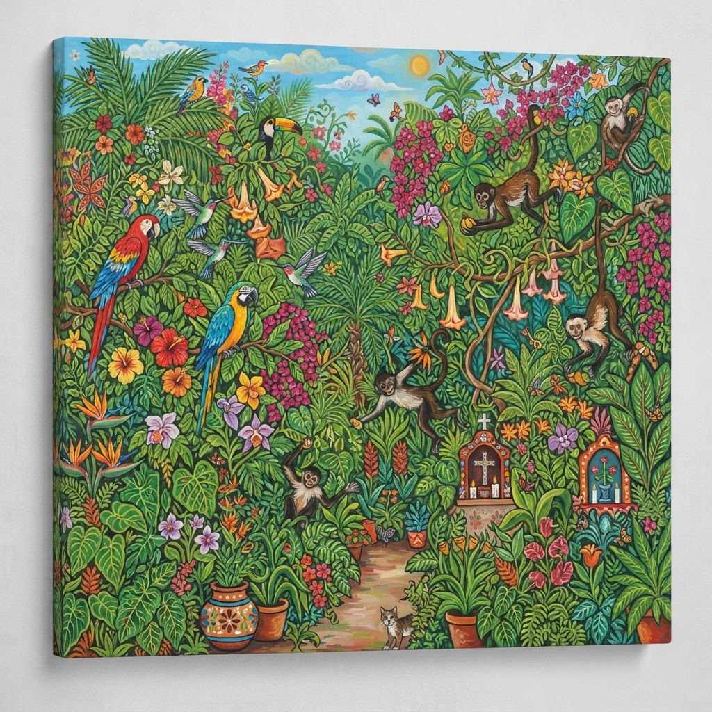 Lush Mexican garden with tropical plants and exotic birds