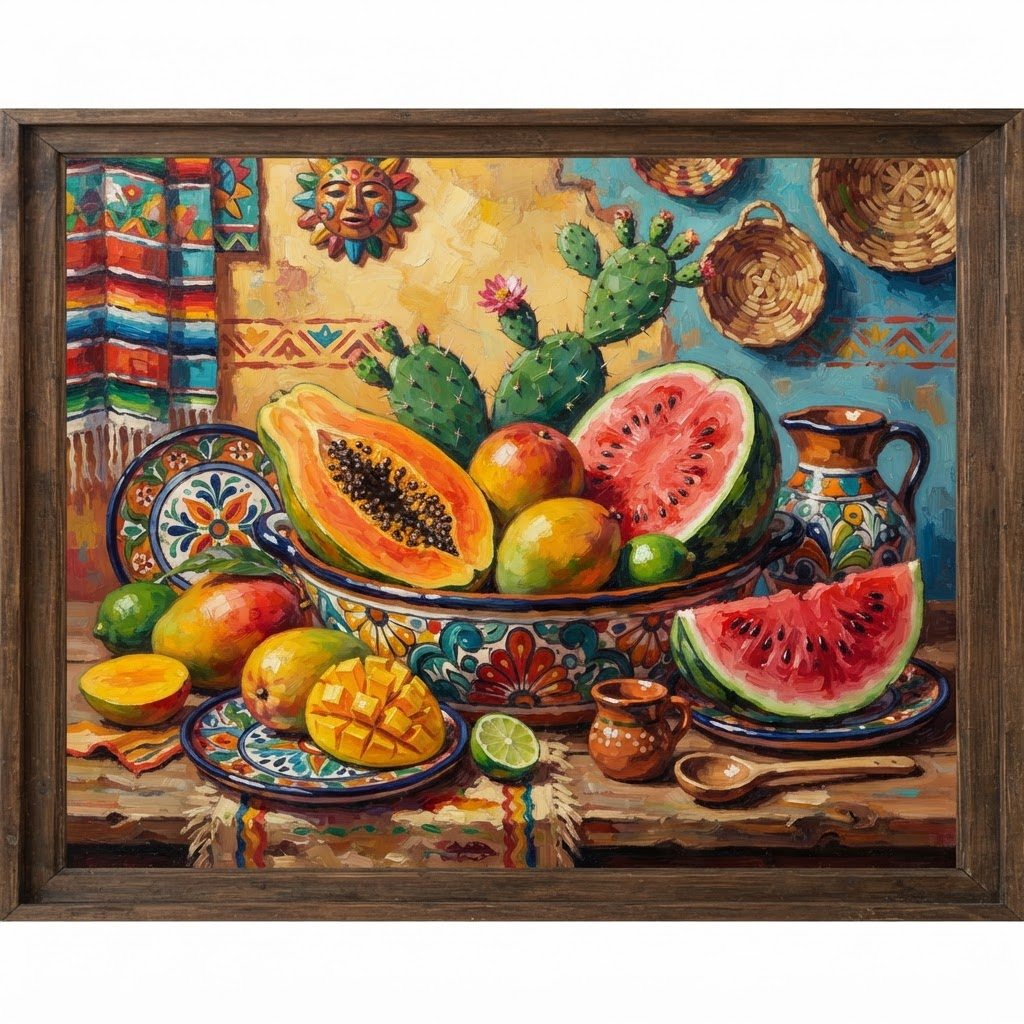 Vibrant still life painting with tropical Mexican fruits