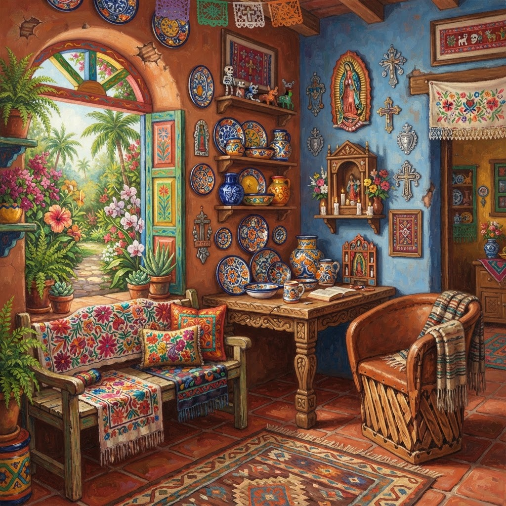 Mexican interior scene with colorful room and traditional furniture