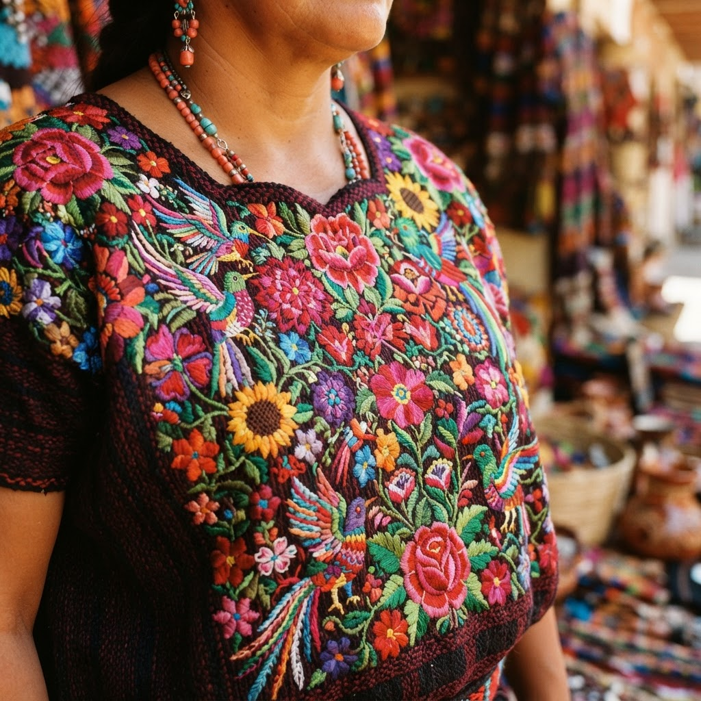 Colorful traditional Mexican embroidery textiles
