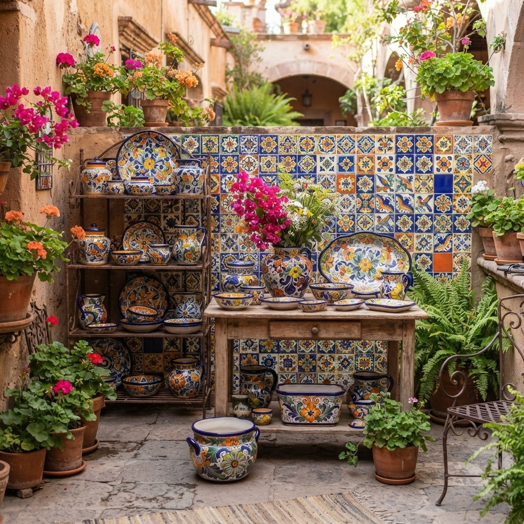 Traditional Mexican Talavera pottery in blue and white