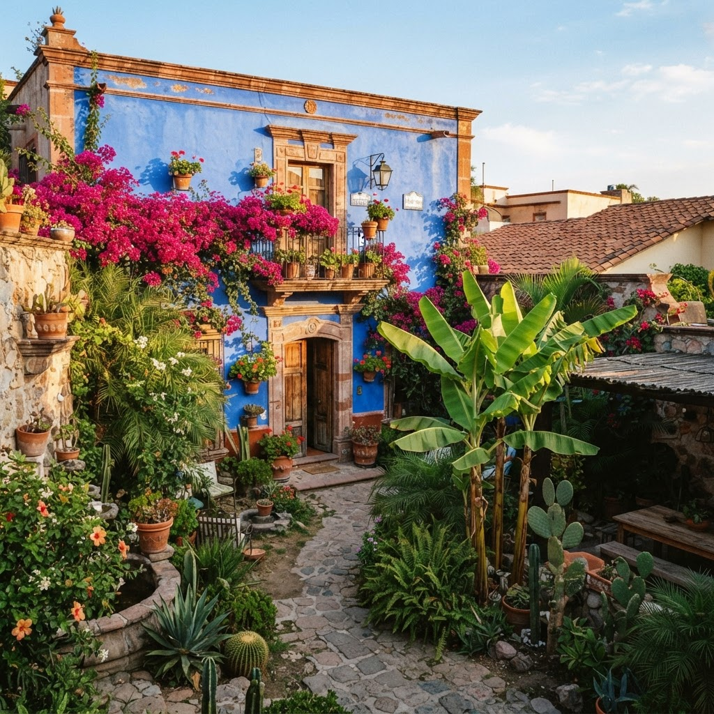 The iconic blue house with bougainvillea flowers