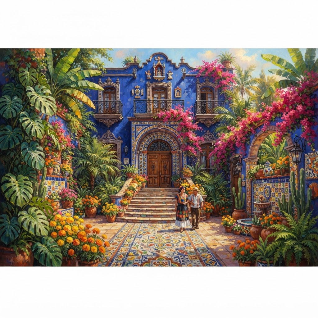 Museum exterior with vibrant colonial Mexican architecture