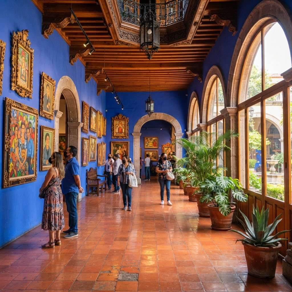 Museum gallery interior with cobalt blue walls